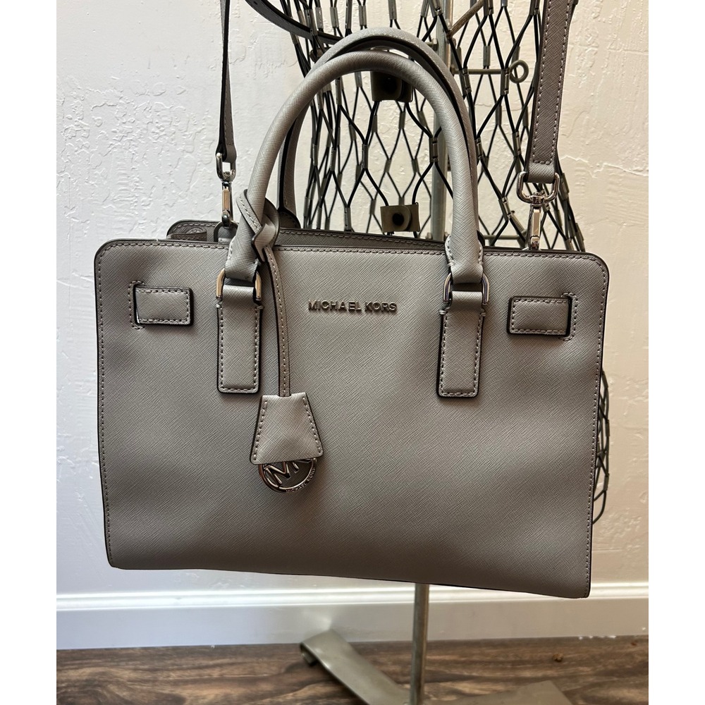 Michael Kors Dillon Grey Saffiano Leather Satchel Crossbody Handbag Silver HW